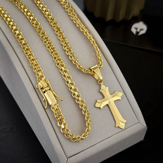 Corrente Cadeado Duplo 6mm Pingente Cruz Banhado a Ouro 18K