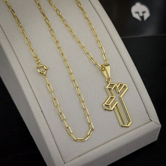 Corrente Cartie 1,5mm e Pingente Cruz Vazada Banhado a Ouro 18K