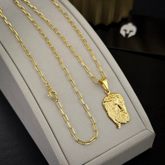 Corrente Cartie 2mm e Pingente Face de Cristo Banhado a Ouro 18K