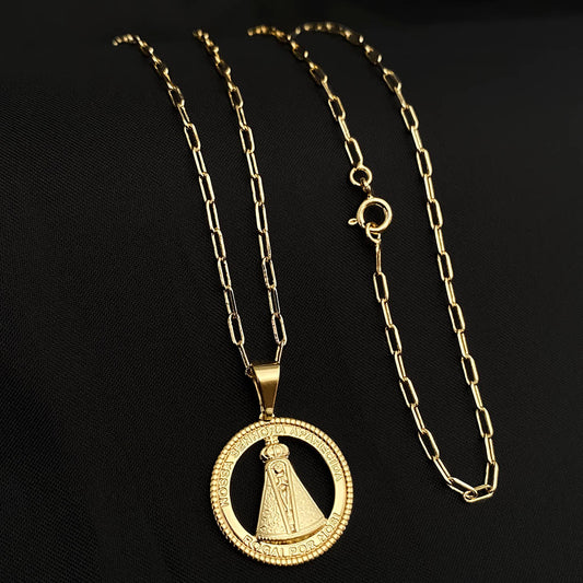 Corrente Cartie 2mm e Pingente Nossa Senhora Vazado Banhado a Ouro 18K