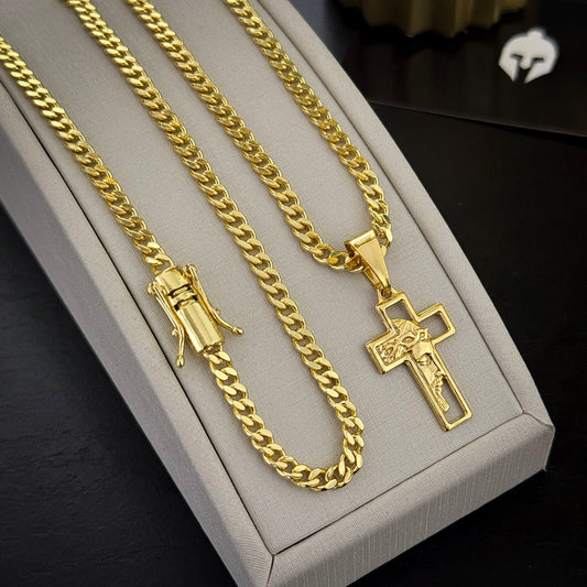 Corrente Cubana 4mm e Pingente Cruz Rosto de Cristo Banhado a Ouro 18K