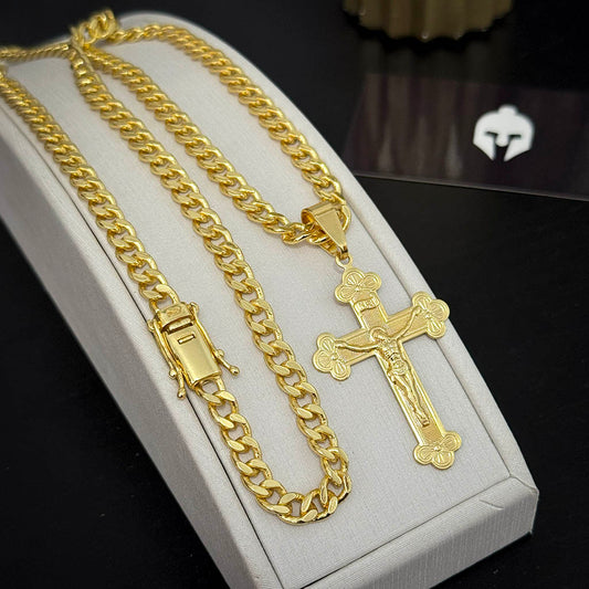 Corrente Cubana 6mm e Pingente Crucifixo Banhado a Ouro 18K