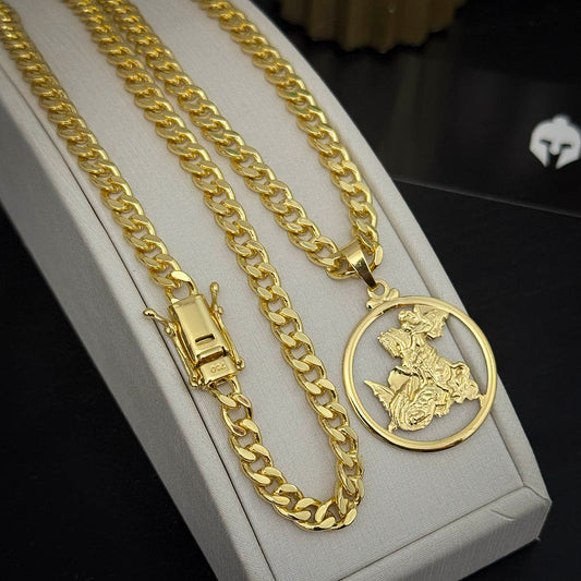 Corrente Cubana 6mm e Pingente Medalha São Jorge Banhado a Ouro 18K