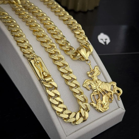 Corrente Cubana 8mm e Pingente São Jorge Banhado a Ouro 18K