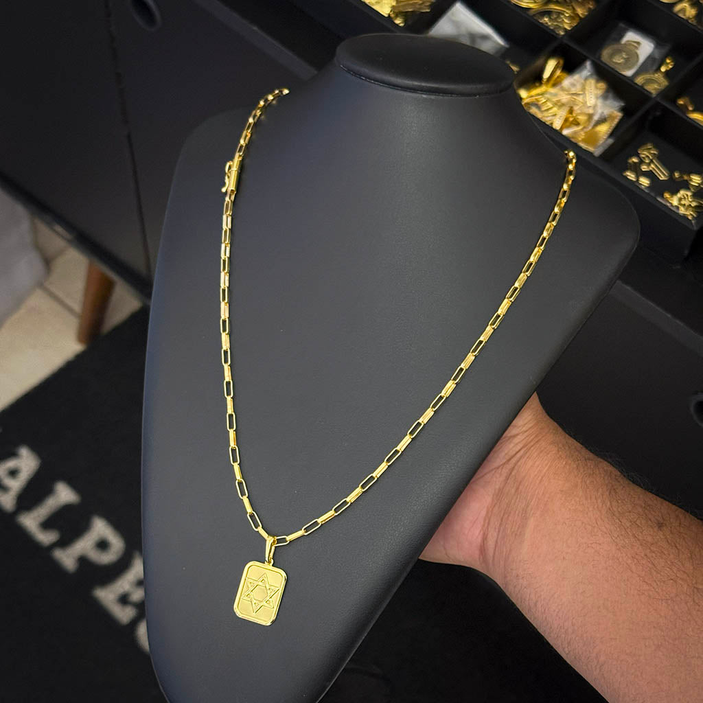 Corrente Elo Alongado 4mm e Pingente Placa Estrela de Davi Banhado a Ouro 18K (4)