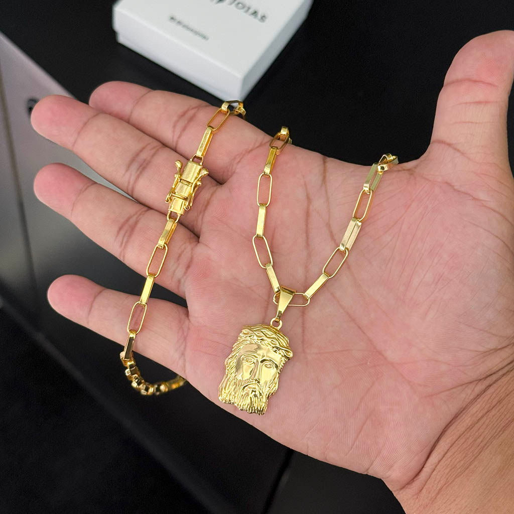 Corrente Elo Alongado 5mm e Pingente Face de Jesus Banhado a Ouro 18K