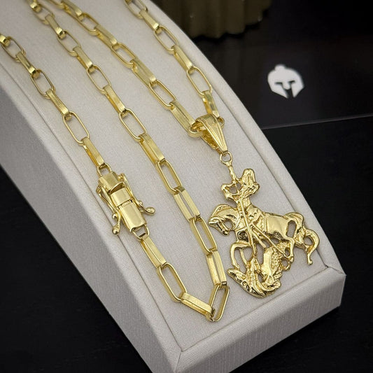 Corrente Elo Alongado 5mm e Pingente São Jorge Banhada a Ouro 18K