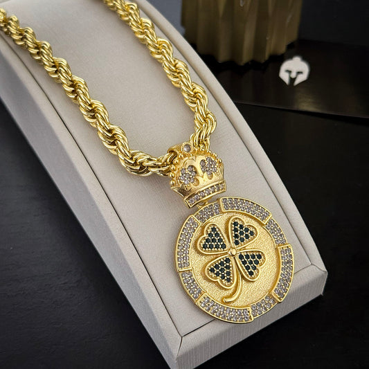 Corrente Elo Baiano 10mm e Pingente Trevo Banhada a Ouro 18K