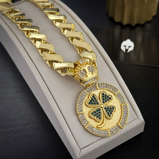 Corrente Friso S 13mm e Pingente Trevo De 4 Folhas Banhado a Ouro 18K