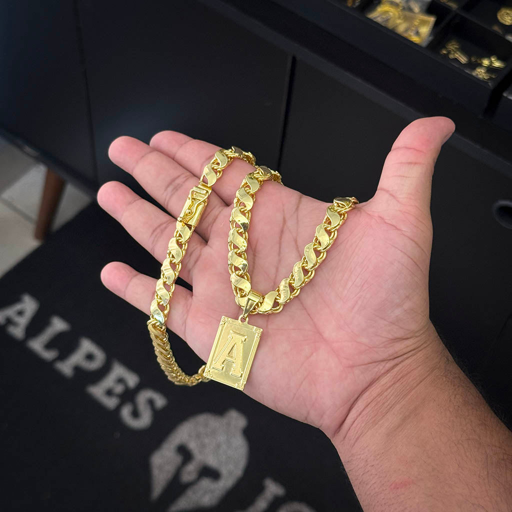 Corrente Friso S 8mm e Pingente Letra Banhado a Ouro 18K