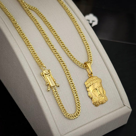 Corrente Grumet 3mm e Pingente Face de Jesus Banhado a Ouro 18K