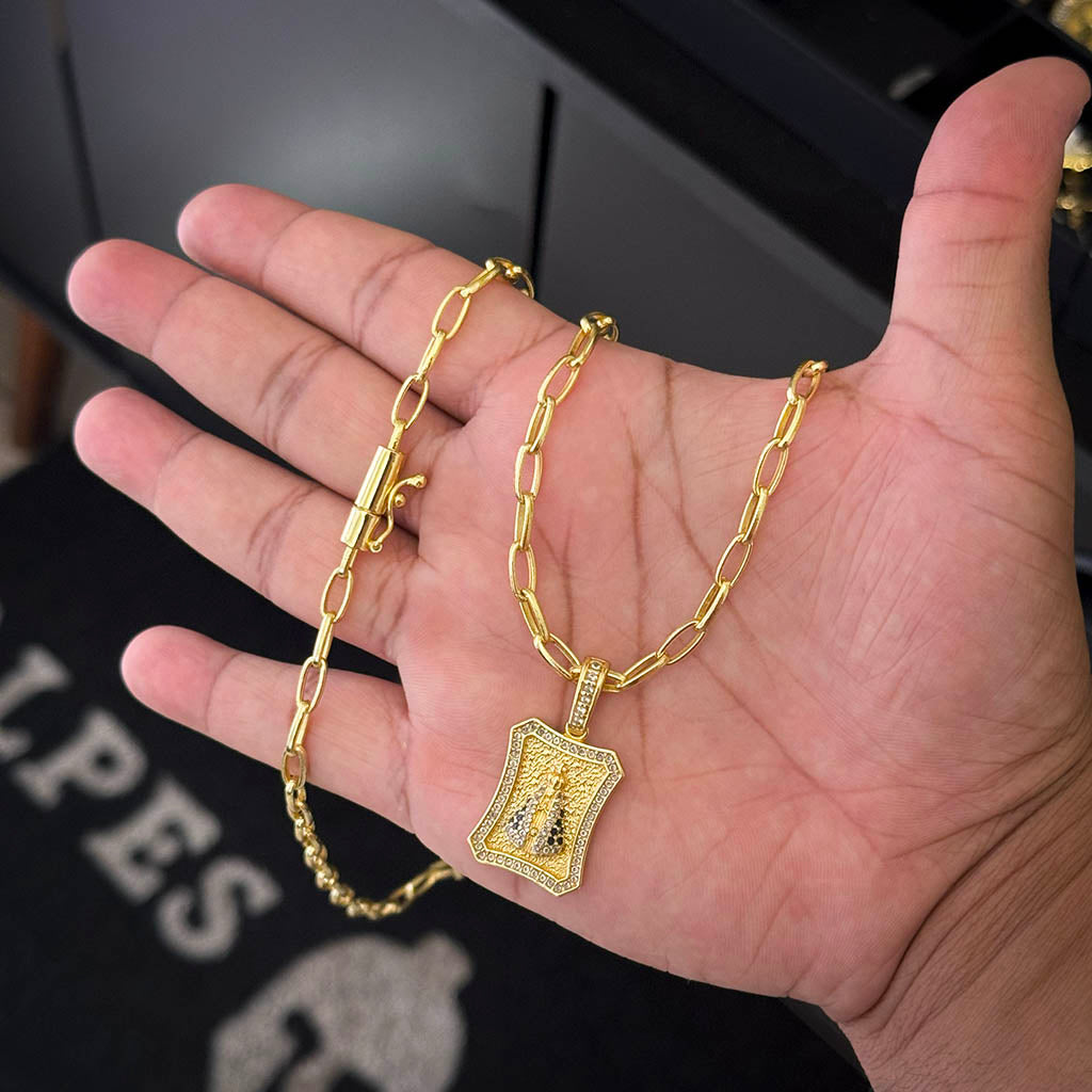 Corrente Meia Cana 4mm e Pingente N. Sra. Aparecida Curvado Banhado a Ouro 18K