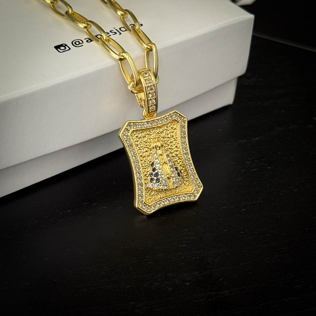 Corrente Meia Cana 4mm e Pingente N. Sra. Aparecida Curvado Banhado a Ouro 18K