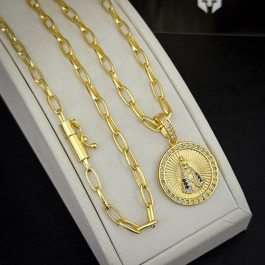 Corrente Meia Cana 4mm e Pingente N. Sra. Aparecida Maciço Banhado a Ouro 18K