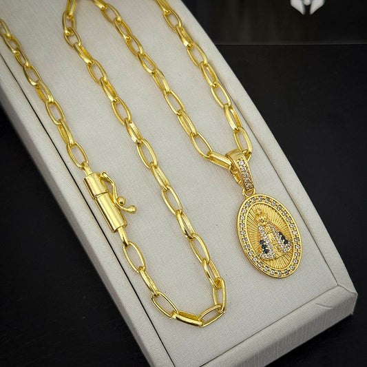Corrente Meia Cana 4mm e Pingente N. Sra. Aparecida Oval Banhado a Ouro 18K