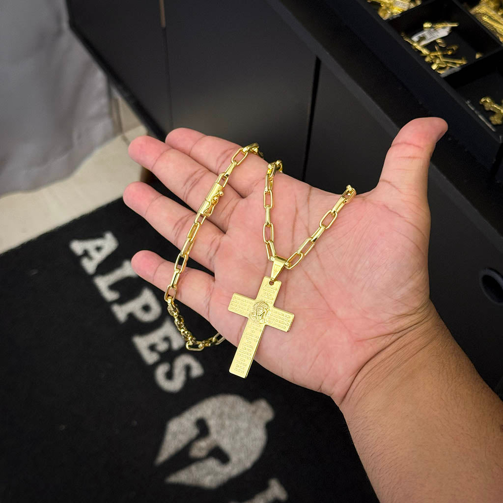 Corrente Meia Cana 6mm e Pingente Crucifixo Oração Pai Nosso Banhado a Ouro 18K