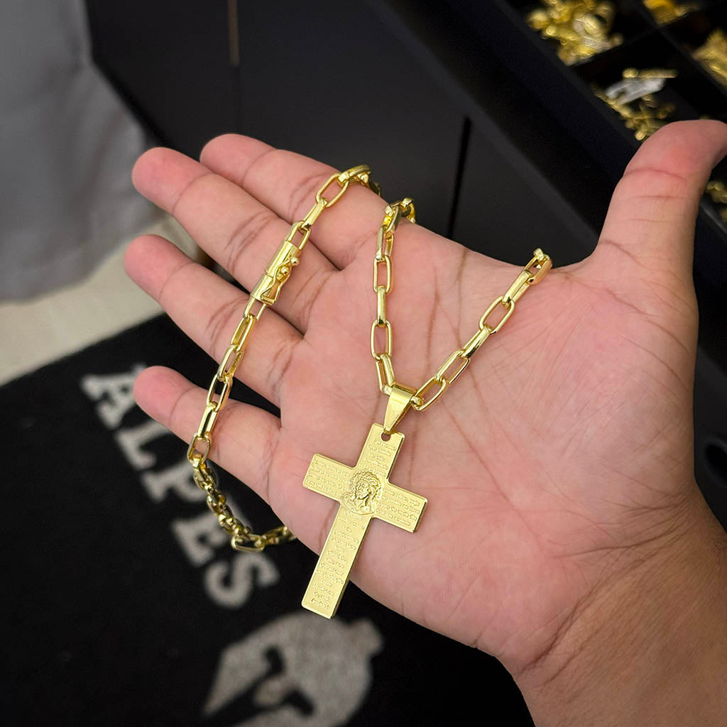 Corrente Meia Cana 6mm e Pingente Crucifixo Oração Pai Nosso Banhado a Ouro 18K