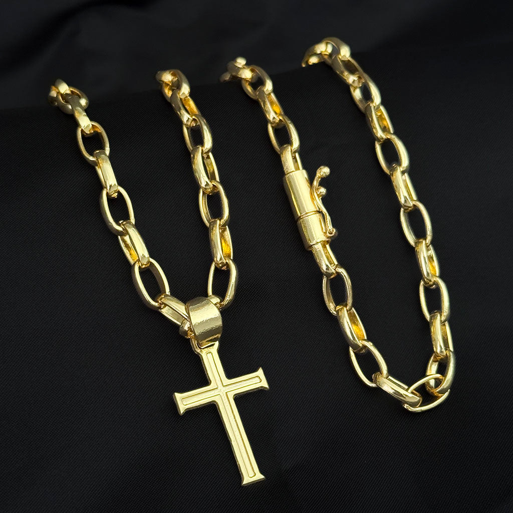 Corrente Meia Cana 6mm e Pingente Cruz Banhada a Ouro 18K