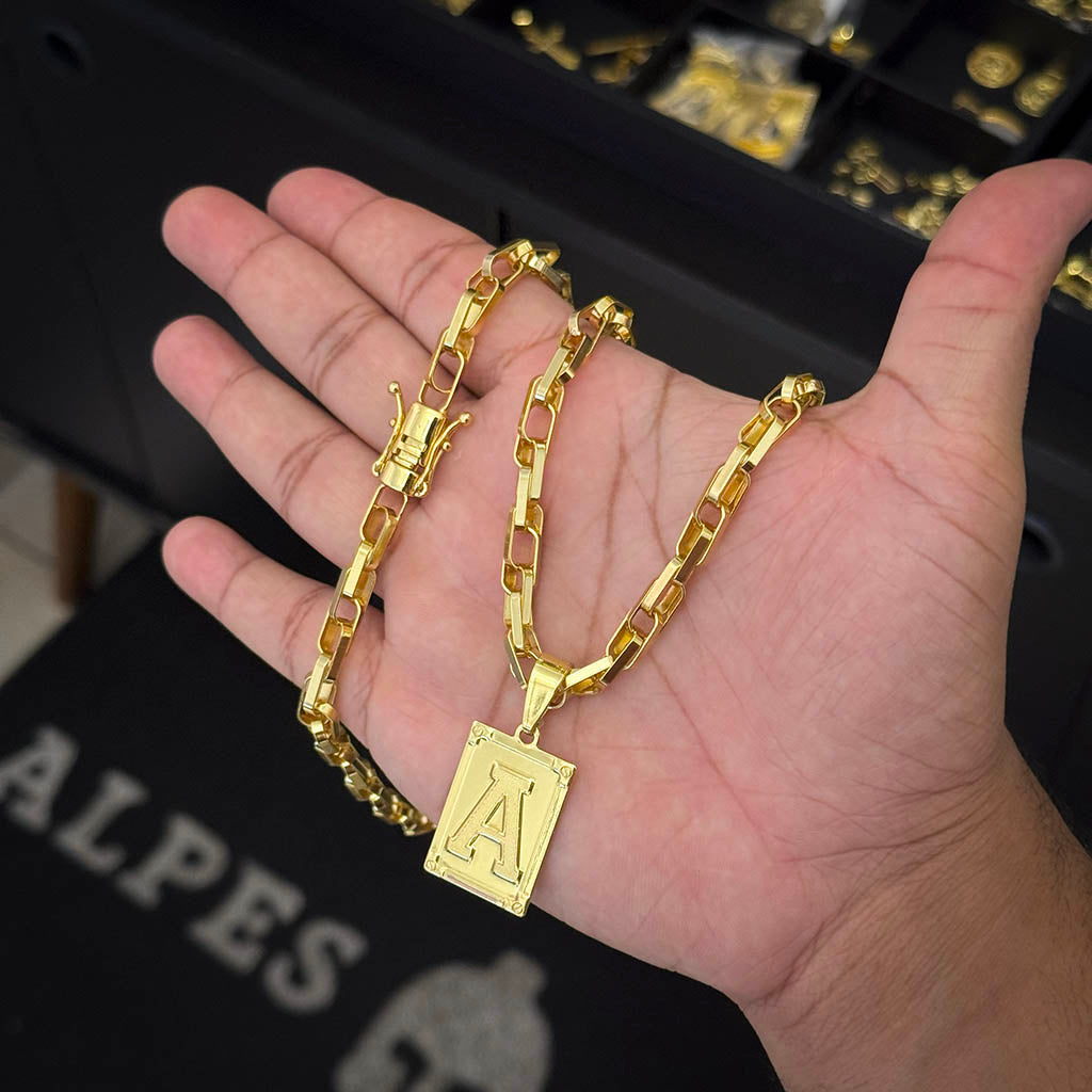 Corrente Meia Cana Dupla 6mm e Pingente Letra Banhado a Ouro 18K