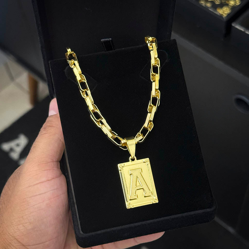 Corrente Meia Cana Dupla 6mm e Pingente Letra Banhado a Ouro 18K