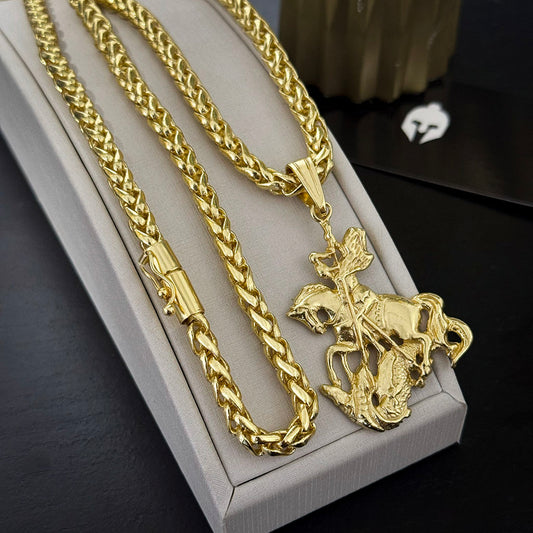 Corrente Peruana 7mm e Pingente São Jorge 3D Banhado a Ouro 18K