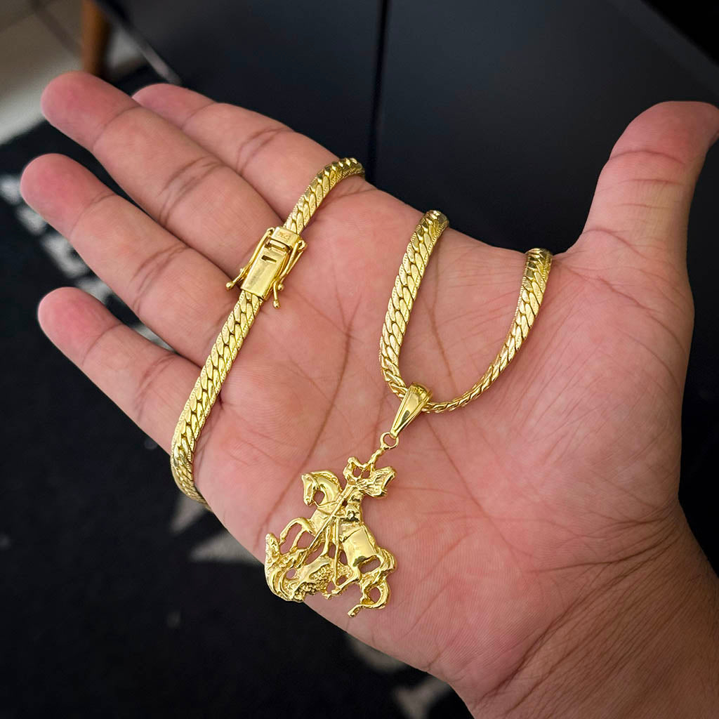 Corrente Premium 5mm e Pingente São Jorge Banhado a Ouro 18K