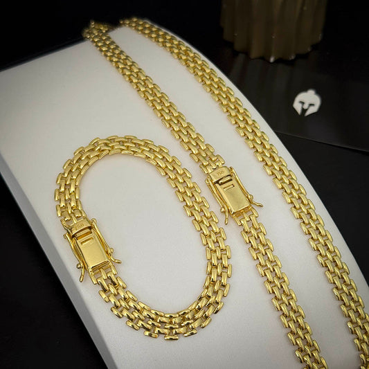 Corrente + Pulseira Americana 10mm Banhado a Ouro 18K