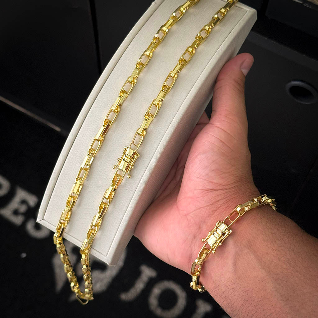 Corrente + Pulseira Meia Cana Dupla 6mm Banhado a Ouro 18K