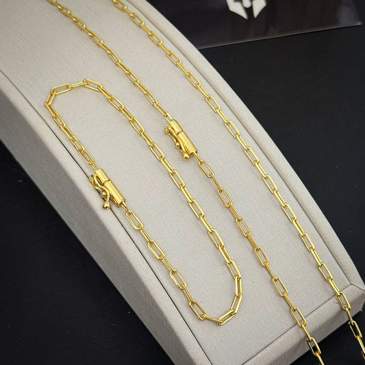 Corrente + Pulseira Cadeado Alongado 2mm Banhado a Ouro 18K