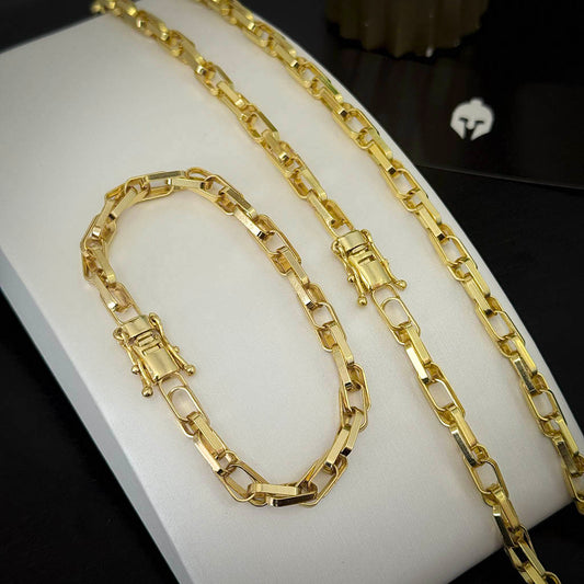 Corrente + Pulseira Meia Cana Dupla 6mm Banhado a Ouro 18K