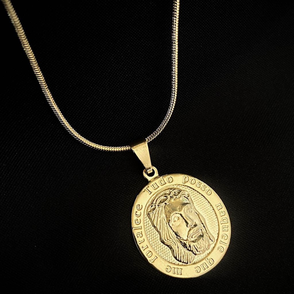 Corrente Rabo de Rato 1mm e Pingente Face de Cristo Banhado a Ouro 18K