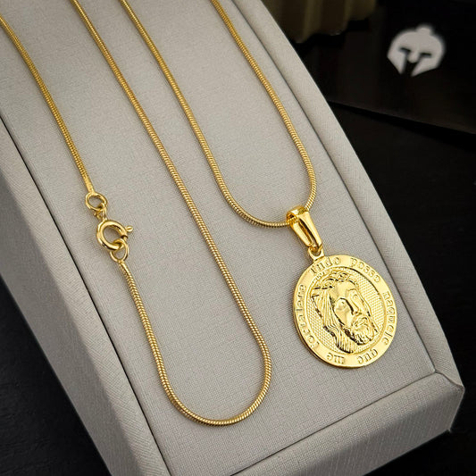 Corrente Rabo de Rato 1mm e Pingente Face de Cristo Banhado a Ouro 18K