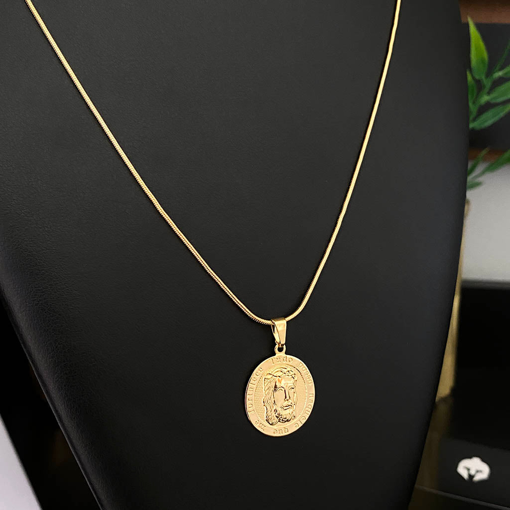 Corrente Rabo de Rato 1mm e Pingente Face de Cristo Banhado a Ouro 18K