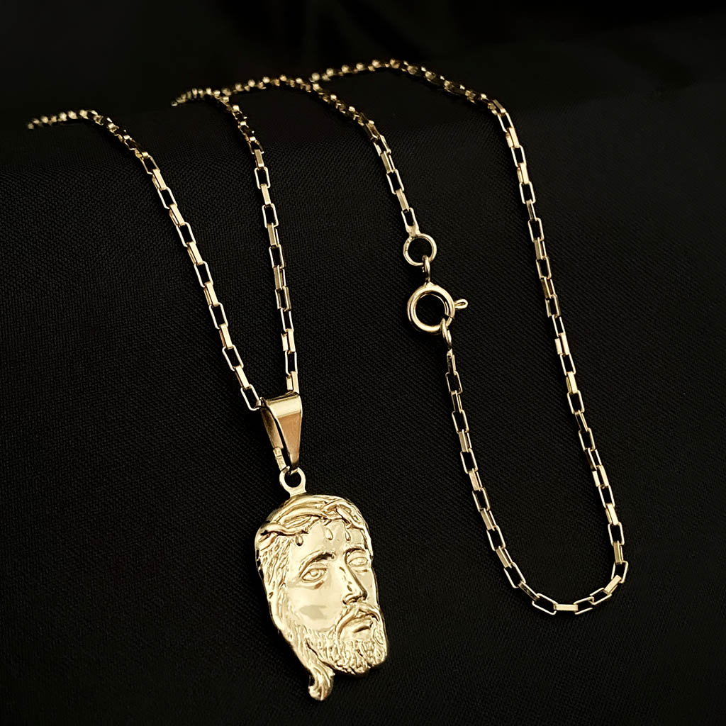 Corrente Tijolinho 1mm e Pingente Face de Cristo Banhado a Ouro 18K