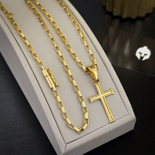 Corrente Tijolinho 4mm e Pingente Cruz Banhada a Ouro 18K