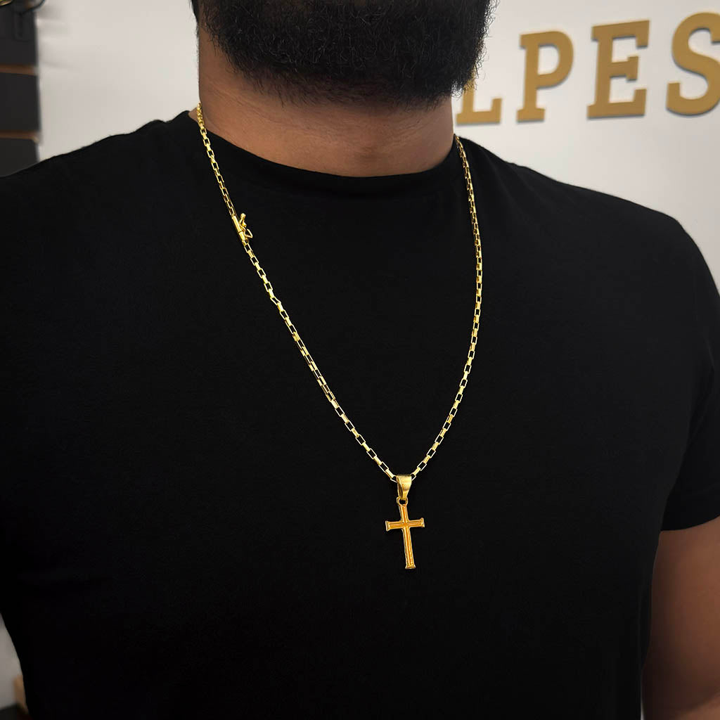 Corrente Tijolinho 4mm e Pingente Cruz Banhada a Ouro 18K