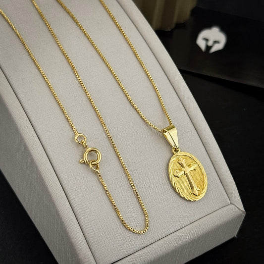 Corrente Veneziana 1mm e Pingente Cruz Medalha Oval Banhado a Ouro 18K