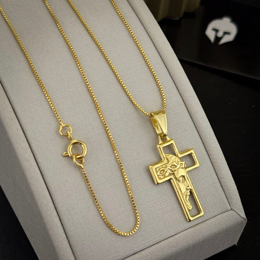 Corrente Veneziana 1mm e Pingente Cruz Rosto de Cristo Banhado a Ouro 18K