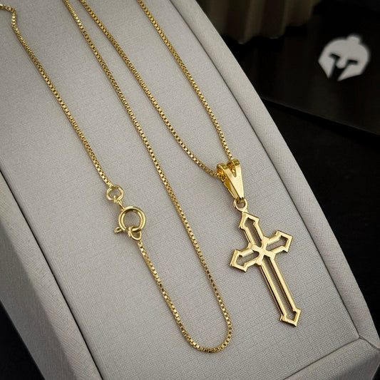 Corrente Veneziana 1mm e Pingente Cruz Vazada Banhado a Ouro 18K