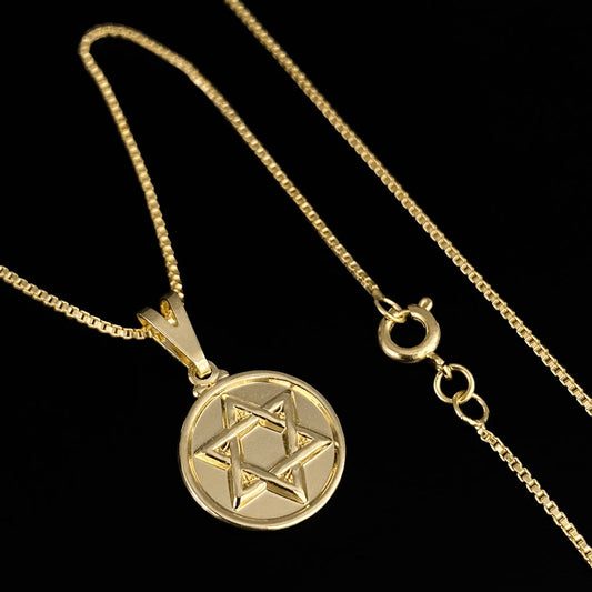 Corrente Veneziana 1mm e Pingente Estrela de Davi Redondo Maciço Banhado a Ouro 18K