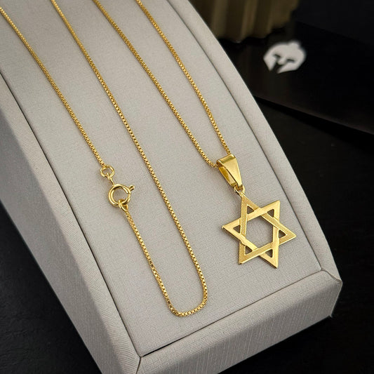 Corrente Veneziana 1mm e Pingente Estrela de Davi Vazada Banhado a Ouro 18K