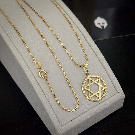 Corrente Veneziana 1mm e Pingente Estrela de Davi Vazado Redondo Banhado a Ouro 18K