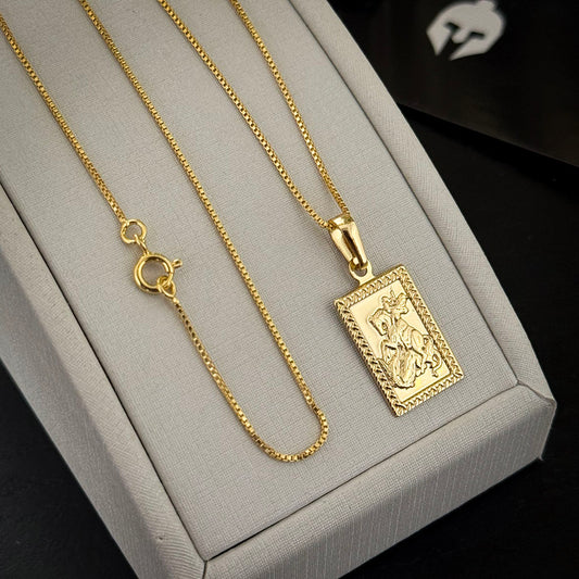 Corrente Veneziana 1mm e Pingente Placa São Jorge Banhado a Ouro 18K