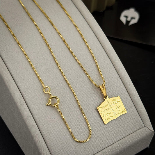 Corrente Veneziana 1mm e Pingente Salmo 23 Banhado a Ouro 18K