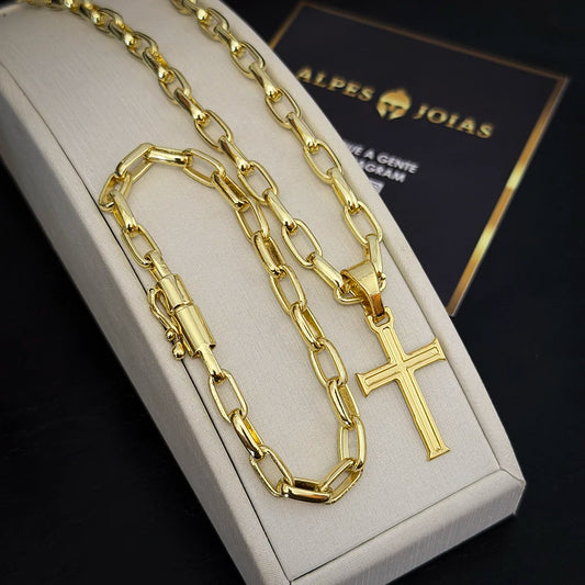 Corrente e Pulseira Meia Cana 6mm e Pingente Cruz Banhado a Ouro 18K
