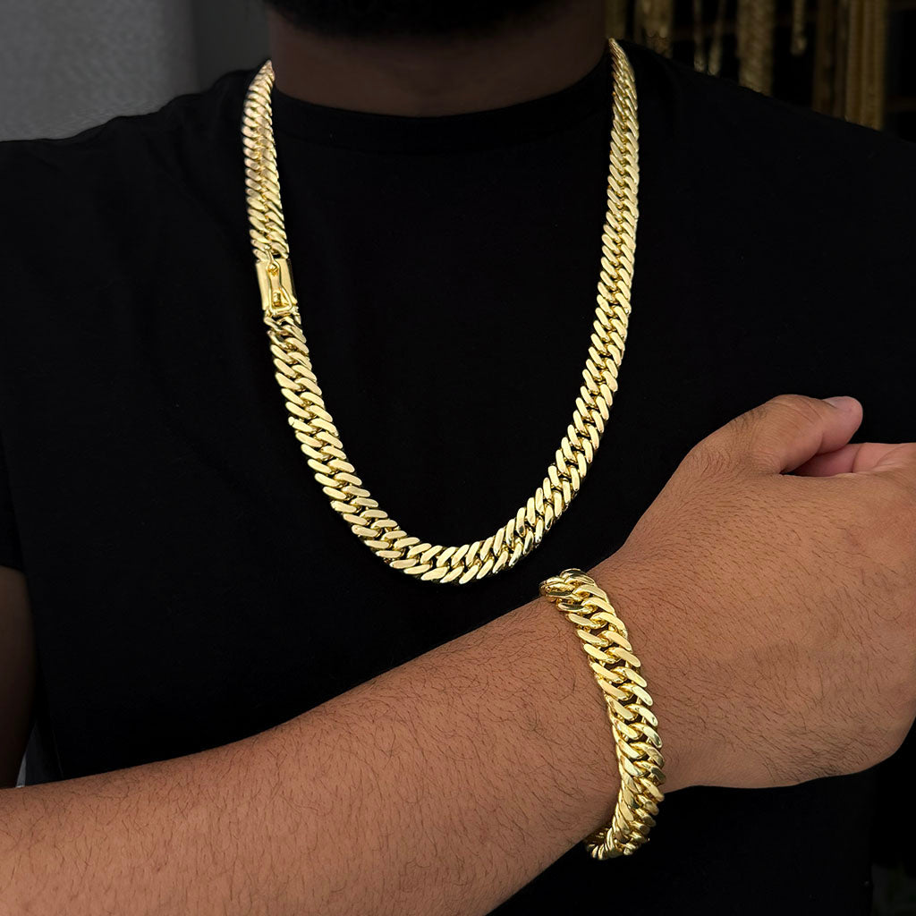 Kit Corrente e Pulseira Grumet 13mm Banhado a Ouro 18K