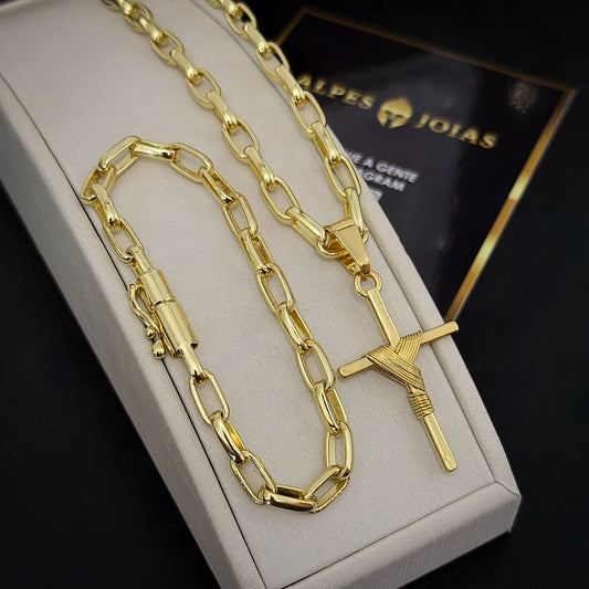 Corrente e Pulseira Meia Cana 6mm e Pingente Cruz Fio Banhado a Ouro 18K
