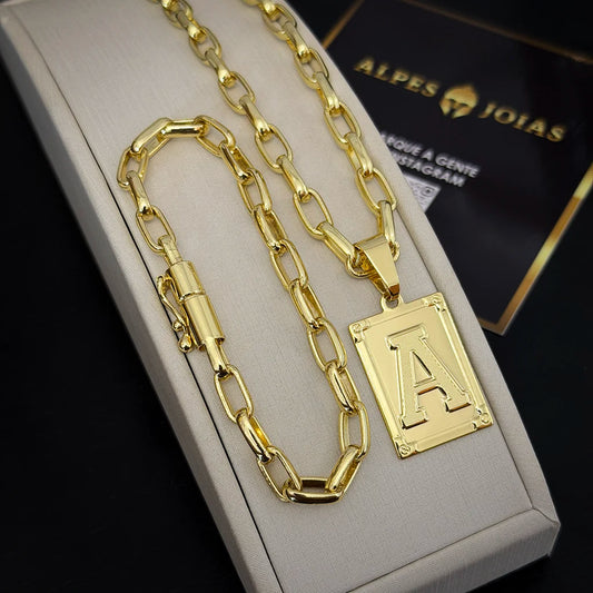 Corrente e Pulseira Meia Cana 6mm e Pingente Letra Banhado a Ouro 18K