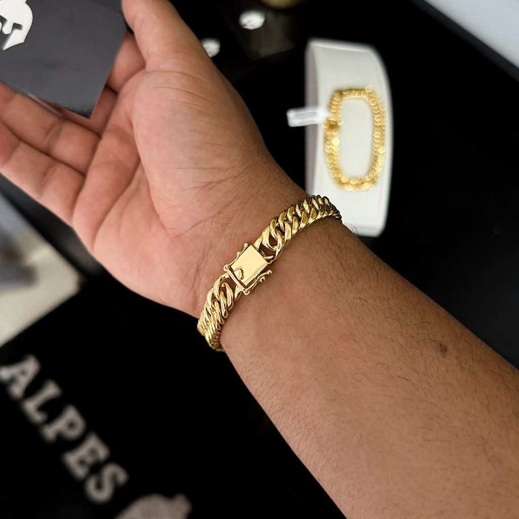 Kit Corrente e Pulseira Maciça 10mm Banhado a Ouro 18K