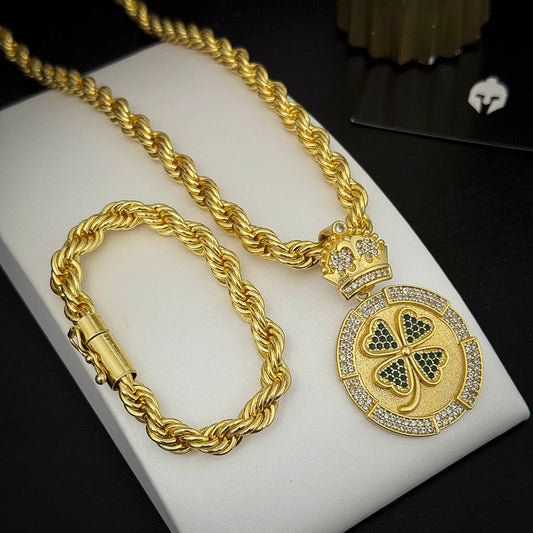 Kit Corrente e Pulseira Baiana 10mm e Pingente Trevo Banhado a Ouro 18K